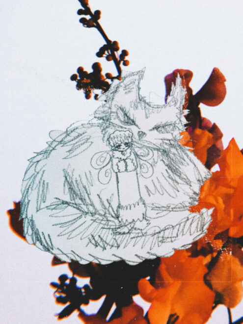 女の子のイラストと花の写真