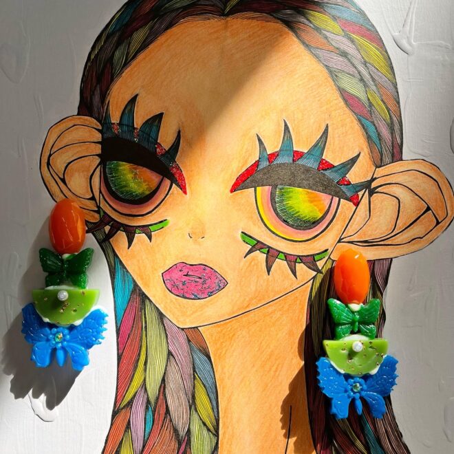 大ぶりハンドメイドアクセサリーと女の子のイラスト