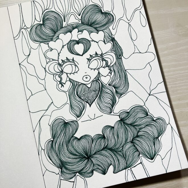 女の子のアナログイラスト線画